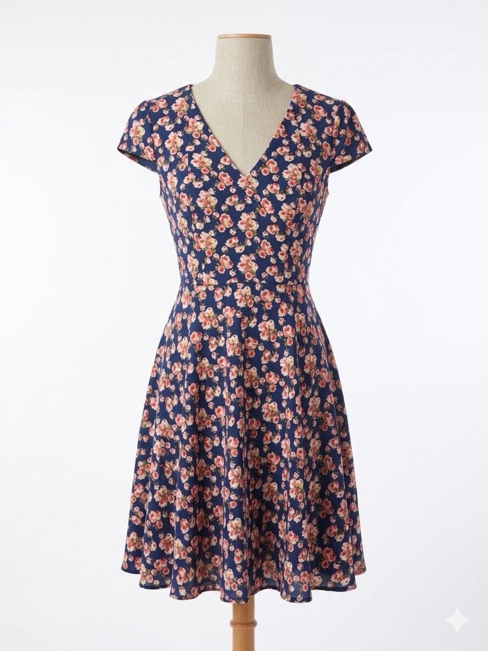 Betsey Johnson Floral V-Neck Fit & Flare Mini Dress Navy Blue Pink Size 6 Summer